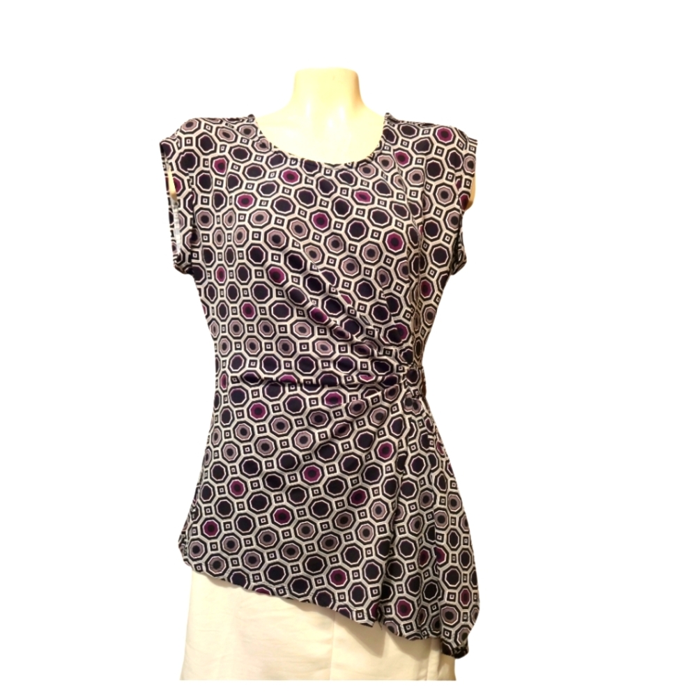 FYLO LONDON Gathered Side Geometric Tunic Top Purple Black Grey Size Small